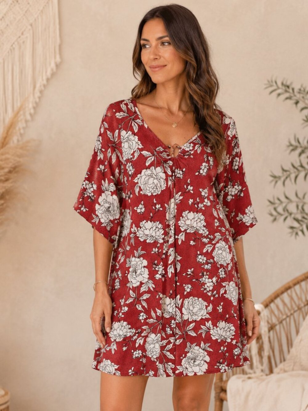 SJS Floral Red and White Dress Size Large